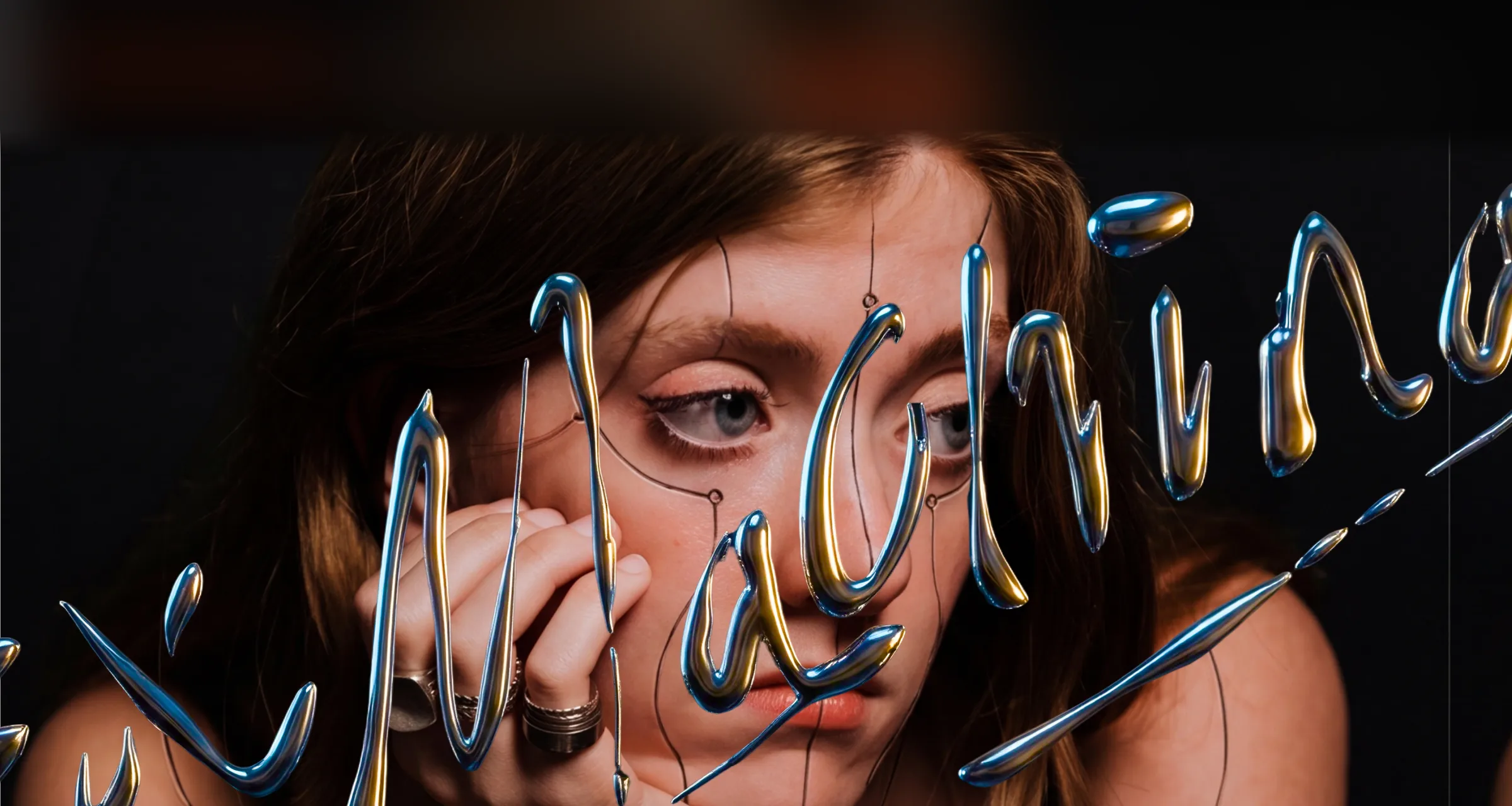 Retrato con tipografía líquida cromada de ExMachina